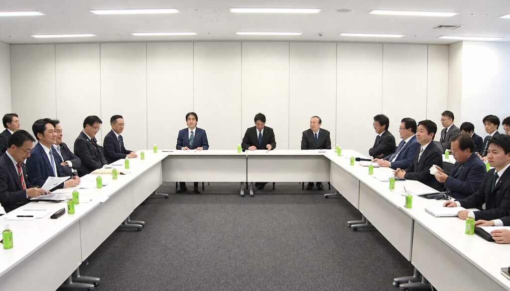 Formal business meeting around a U-shaped table; two leaders sit at the center, surrounded by suited attendees with green beverage cans on the table.