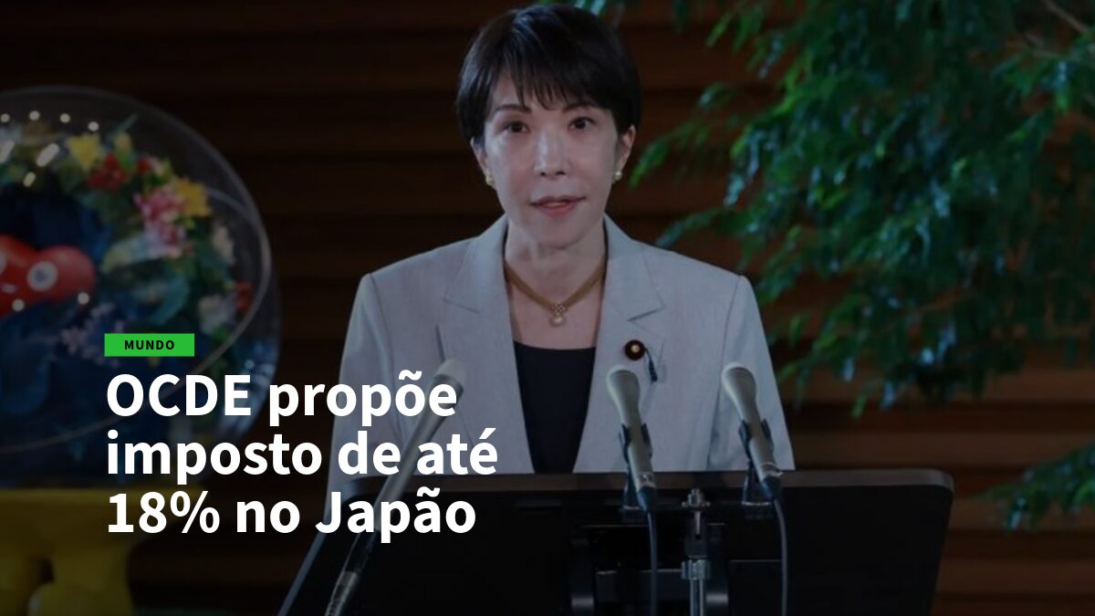 News image: woman at a podium delivering a speech, headline about OECD proposing up to 18% tax in Japan (Mundo).