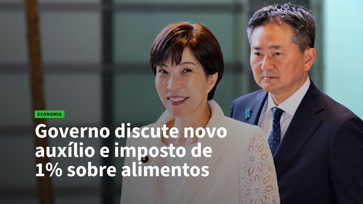 Mulher sorridente em blazer branco ao lado de homem de terno; manchete econômica sobre novo auxílio e imposto de 1% sobre alimentos.