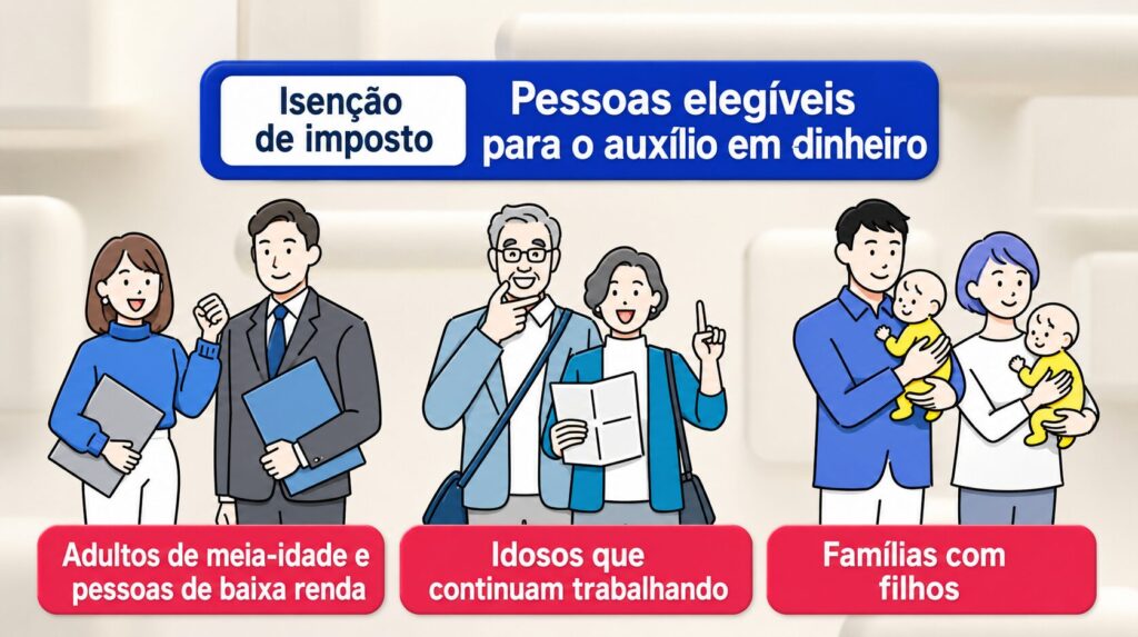 Banner informando isenção de imposto para pessoas elegíveis ao auxílio em dinheiro, com ilustrações de adultos de meia-idade, idosos que trabalham e famílias com filhos primeiros planos.