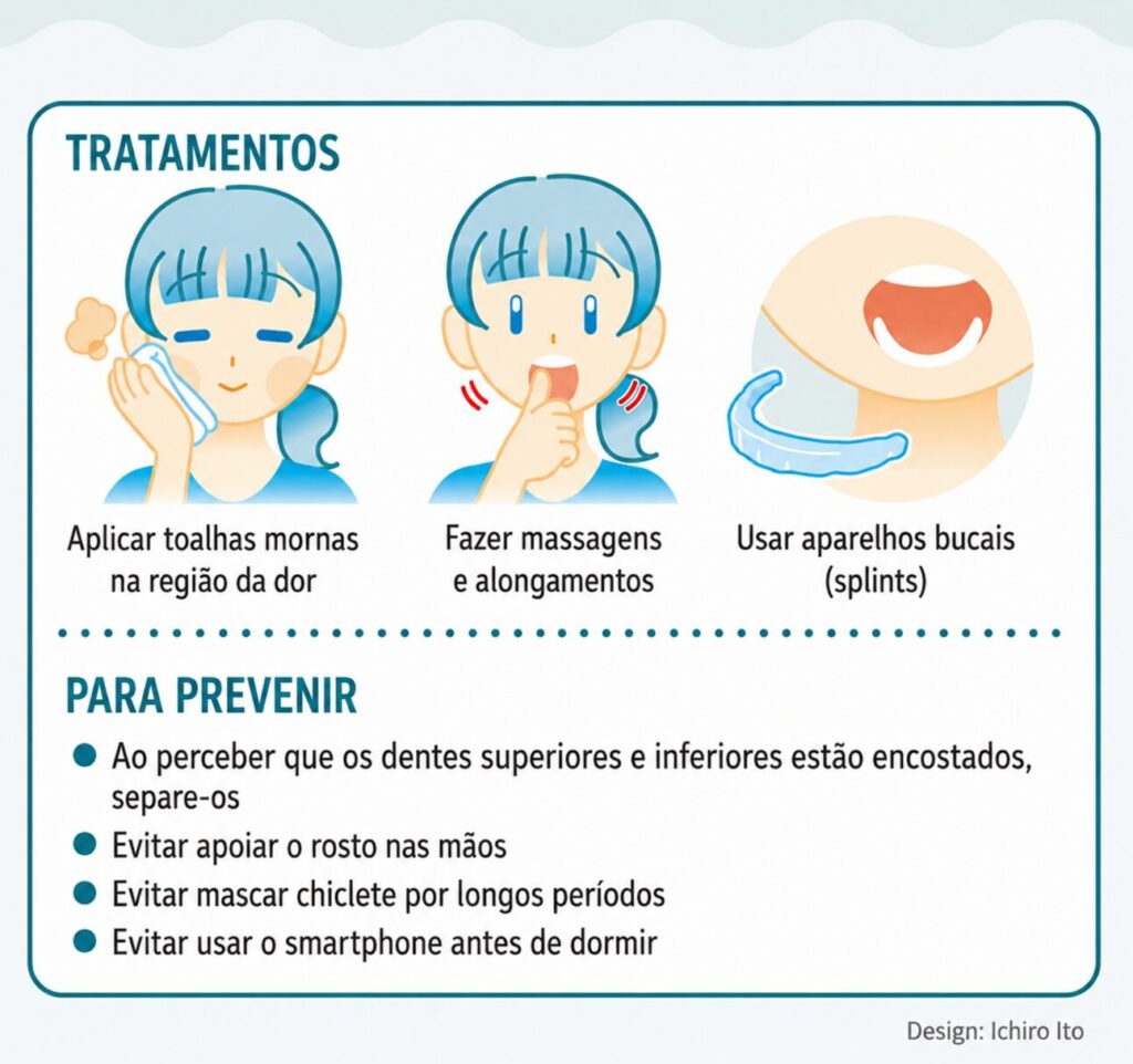 Infográfico em português sobre cuidados dentais: três tratamentos (compressa, massagens e uso de aparelho bucal) para prevenir dor e desconforto.