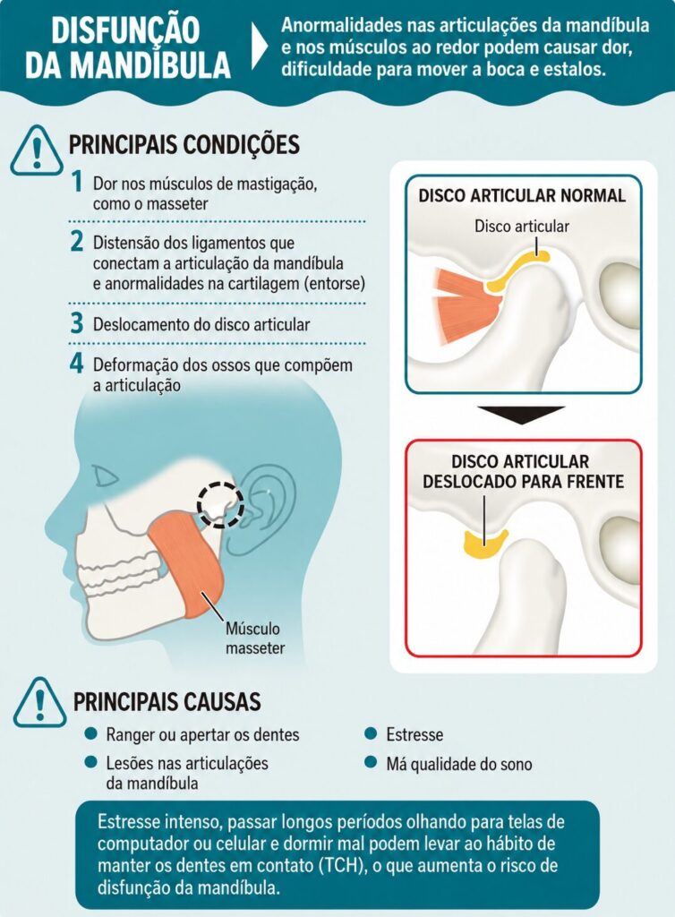 Infográfico sobre disfunção da mandíbula com condições principais, causas e diagramas do disco articular nem da mandíbula.