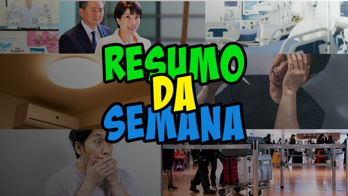 Banner com o título 'RESUMO DA SEMANA' em letras verdes, amarelas e azuis sobre uma collage de cenas diversas (hospital, aeroporto, escritório).