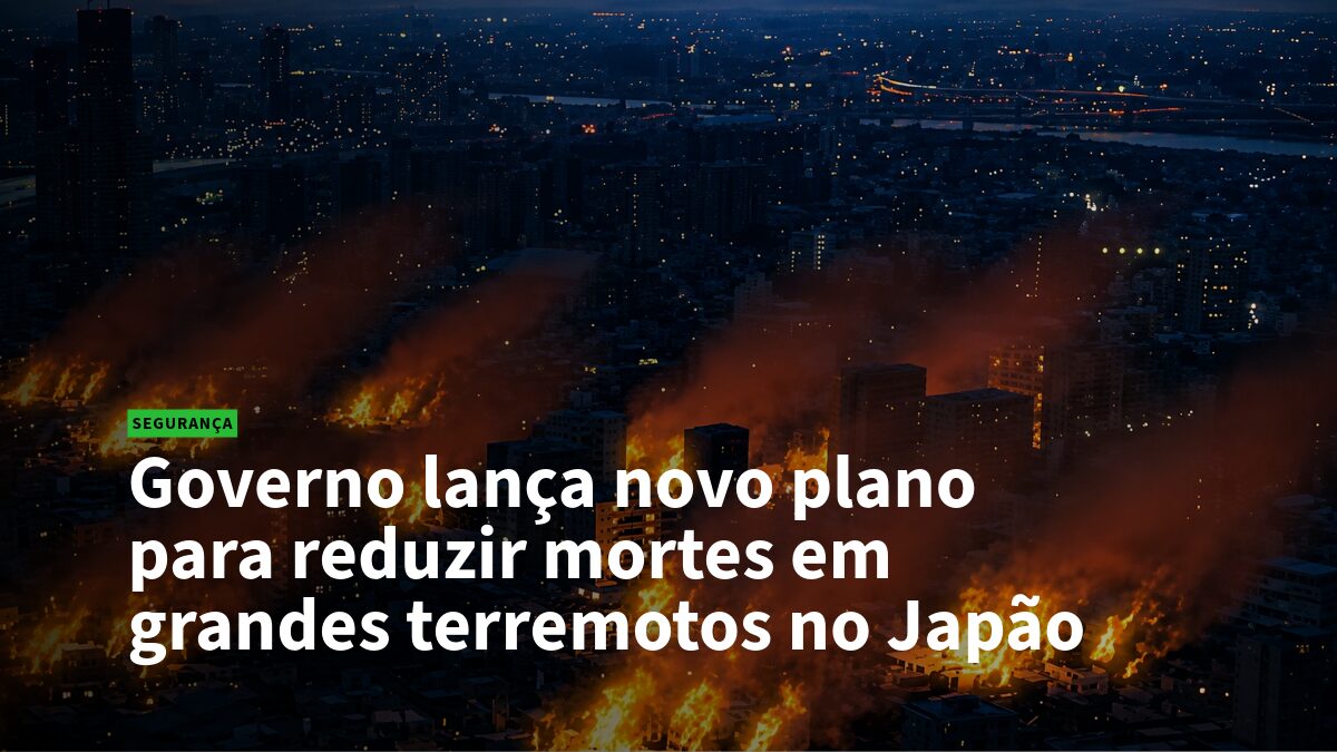 Cidade incendiada à noite com fumaça sobre arranha-céus; manchete em destaque sobre plano do governo para reduzir mortes em grandes terremotos no Japão (etiqueta SEGURANÇA).
