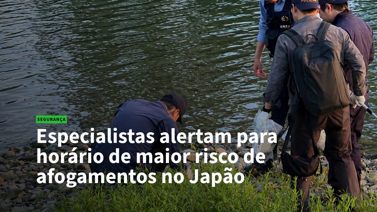20 - Afogamento - Empregos no Japão Policiais e especialistas junto à margem de um corpo d'água, discutindo o maior risco de afogamentos no Japão.