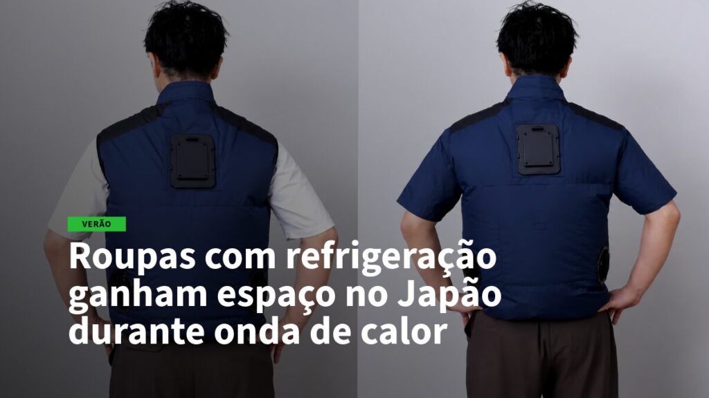 Dois homens de costas usando coletes azuis com dispositivo de refrigeração preso nas costas.