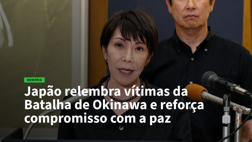 Mulher japonesa em coletiva de imprensa, falando sobre as vítimas da Batalha de Okinawa e a paz.
