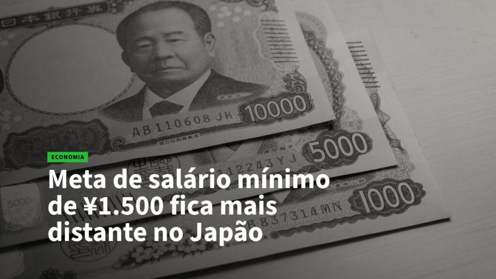 Notícia de economia com notas de iene e o título: 'Meta de salário mínimo de ¥1.500 fica mais distante no Japão'