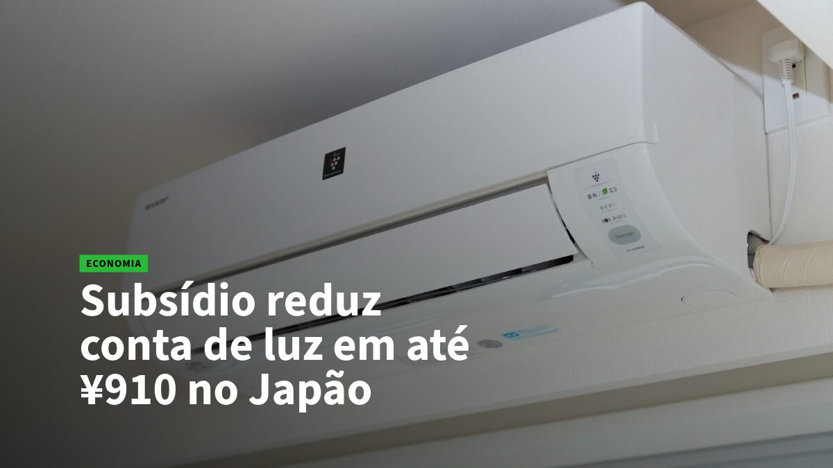 White wall-mounted air conditioner with a bold Portuguese headline about subsidies cutting electricity bills up to ¥910 in Japan (Economy).