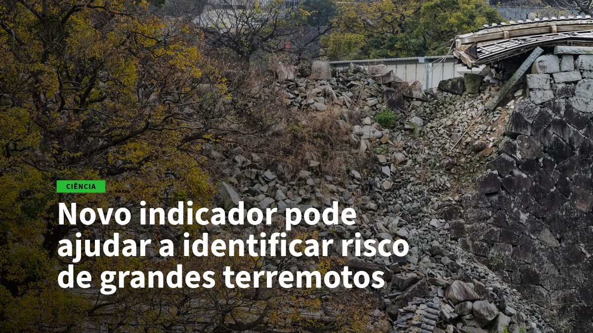 Encosta rochosa com detritos ao lado de uma ponte em ruínas; título da notícia sobre um novo indicador para terremotos aparecendo em destaque.