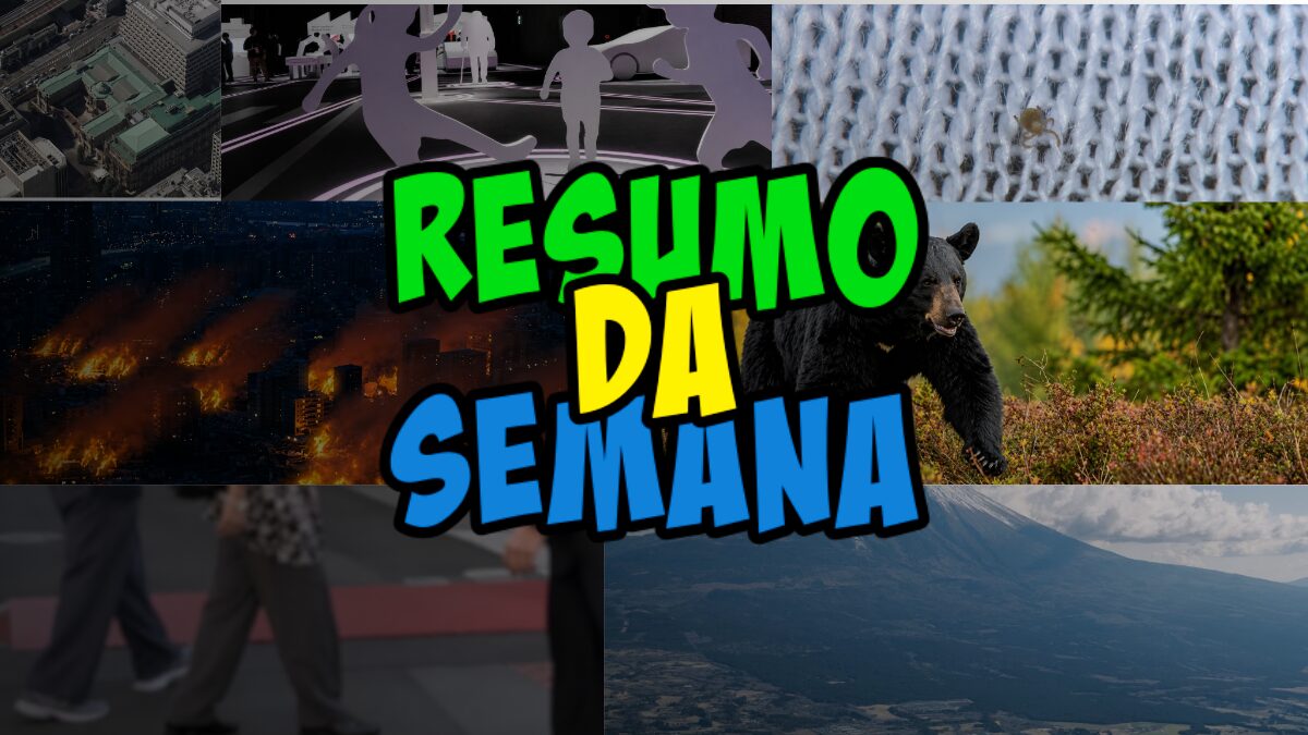 Banner de capa com a frase 'Resumo da Semana' em letras grandes e coloridas sobre uma colagem de fotos ao fundo, indicando um resumo semanal.