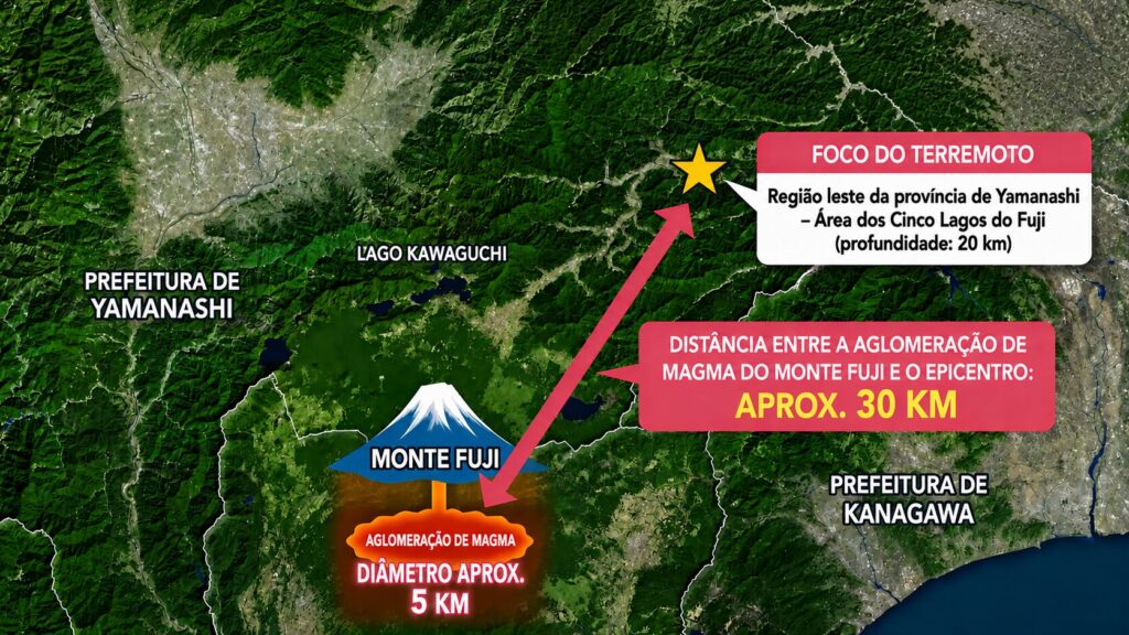 Mapa ilustrando a região do Monte Fuji com foco sísmico e distância de 30 km até a área de magma em Fuji (em japonês/português).
