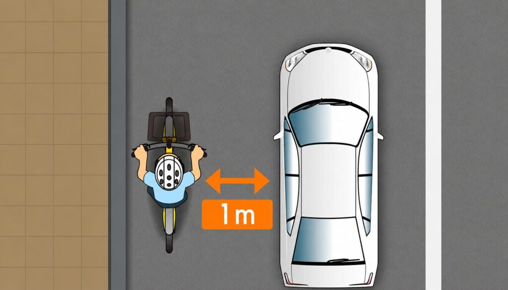 Pela nova regra, os motoristas precisam manter 1 metro de distâncias nas ultrapassagens de bicicletas - Empregos no Japão Top-down view of a cyclist on a motorcycle beside a car with an orange 1m distance arrow between them