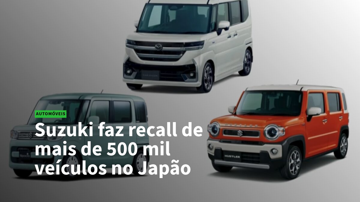 News header about Suzuki recalling over 500,000 vehicles in Japan, shown over three Suzuki cars (white van, gray SUV, orange Hustler).