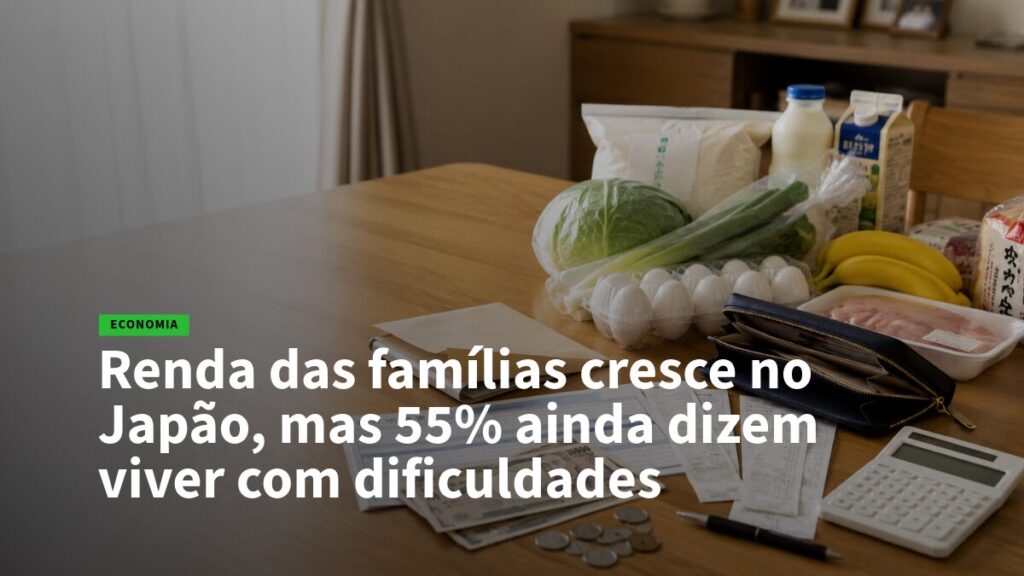 Table with groceries (cabbage, eggs, milk, bananas), calculator, and receipts highlighting rising living costs in Japan.