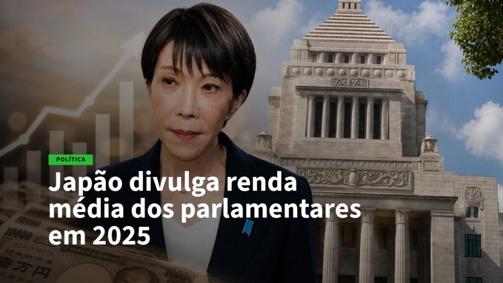 Política: manchete sobre a renda média dos parlamentares do Japão em 2025, com uma mulher ao lado de um prédio público ao fundo