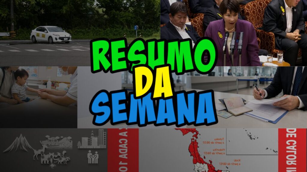 Collage with the title 'Resumo da Semana' in bright colors; includes a taxi, a woman at a press conference, a child receiving care, and a document signer.
