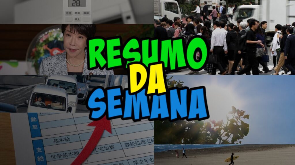 Weekly summary collage with the title 'Resumo da Semana' over scenes of a crowd, office form, a suited woman, vehicles, and a beach scene.