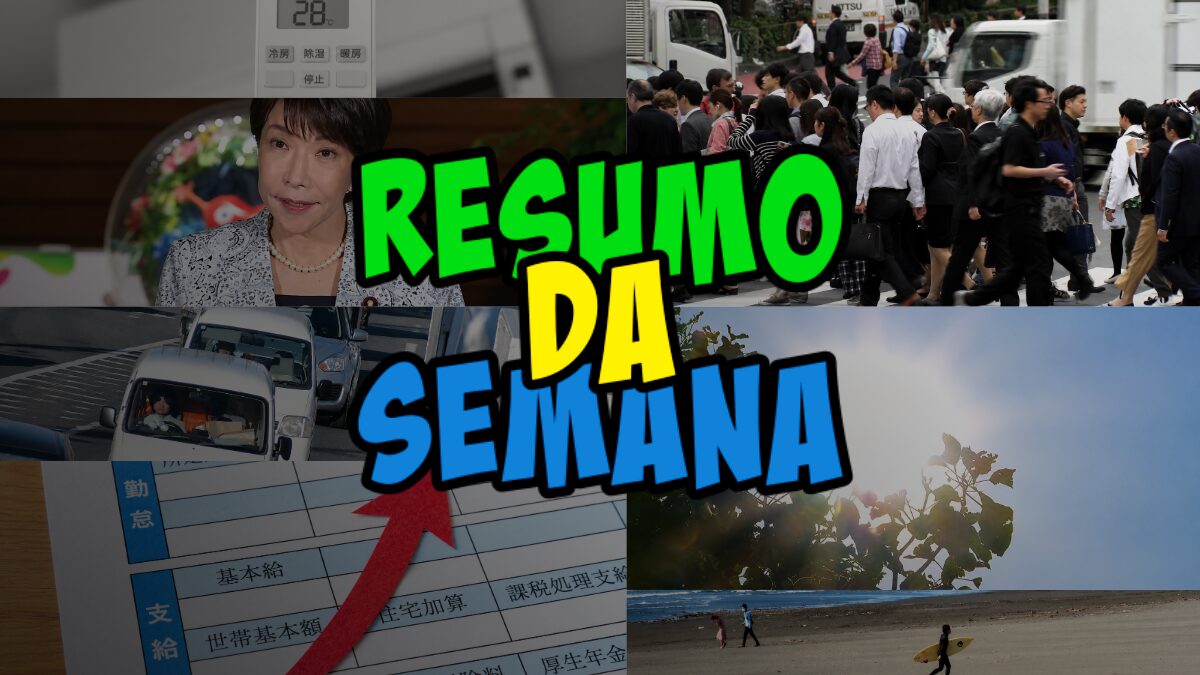 Weekly summary collage with the title 'Resumo da Semana' over scenes of a crowd, office form, a suited woman, vehicles, and a beach scene.