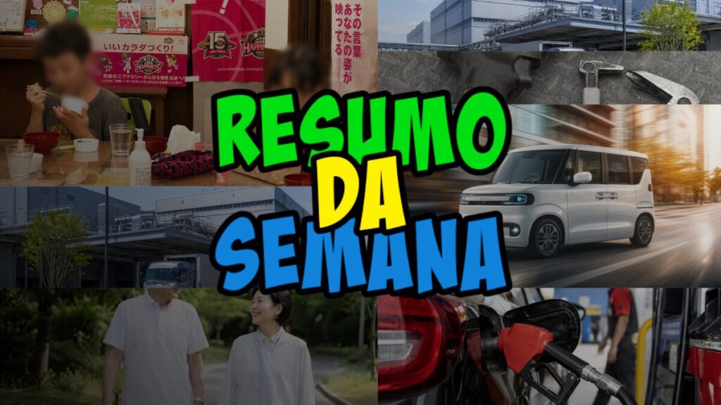 Banner collage with the title 'Resumo da Semana' and scenes of dining, city street with a van, an industrial building, a couple walking, and a gas pump in the background.