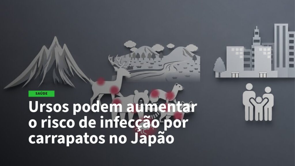 Manchete informativa: ursos podem aumentar o risco de infecção por carrapatos no Japão, com fundo de montanhas, floresta e cidade ao redor.