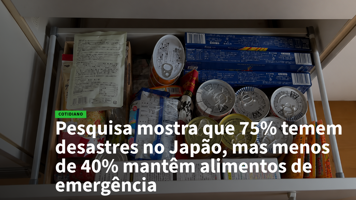 Drawer filled with canned foods and packaged emergency rations beneath a bold news headline about disaster preparedness.