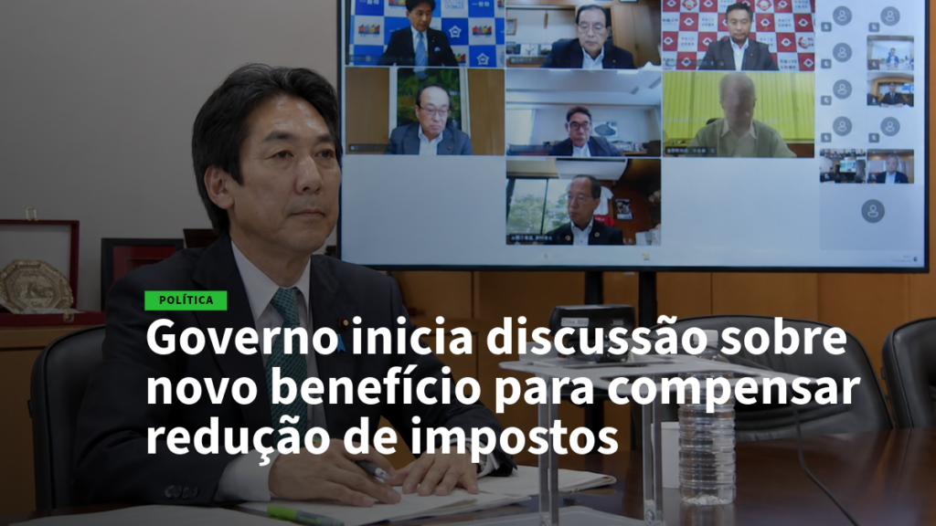 Governo discute novo benefício para compensar redução de impostos; homem de terno em reunião virtual com várias pessoas na tela.