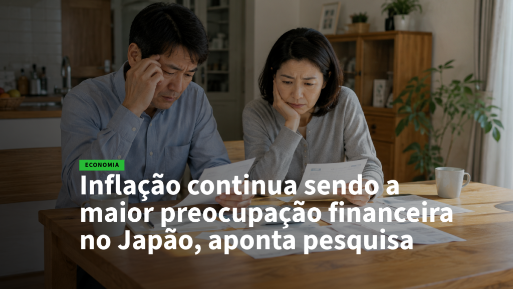 Casal sentado à mesa em casa, lendo papéis e parecendo preocupados com a inflação no Japão (notícia de economia).
