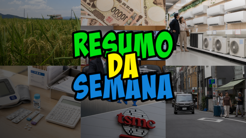 Weekly summary collage showing farming, money, electronics store, medical devices, street scene, and a bold 'Resumo da Semana' title.