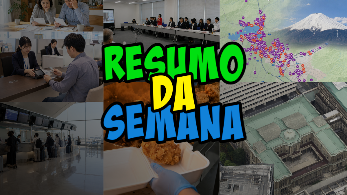 Resumo da semana: colagem de reuniões, atendimento de aeroporto, mapa com pins, comida e edifícios.