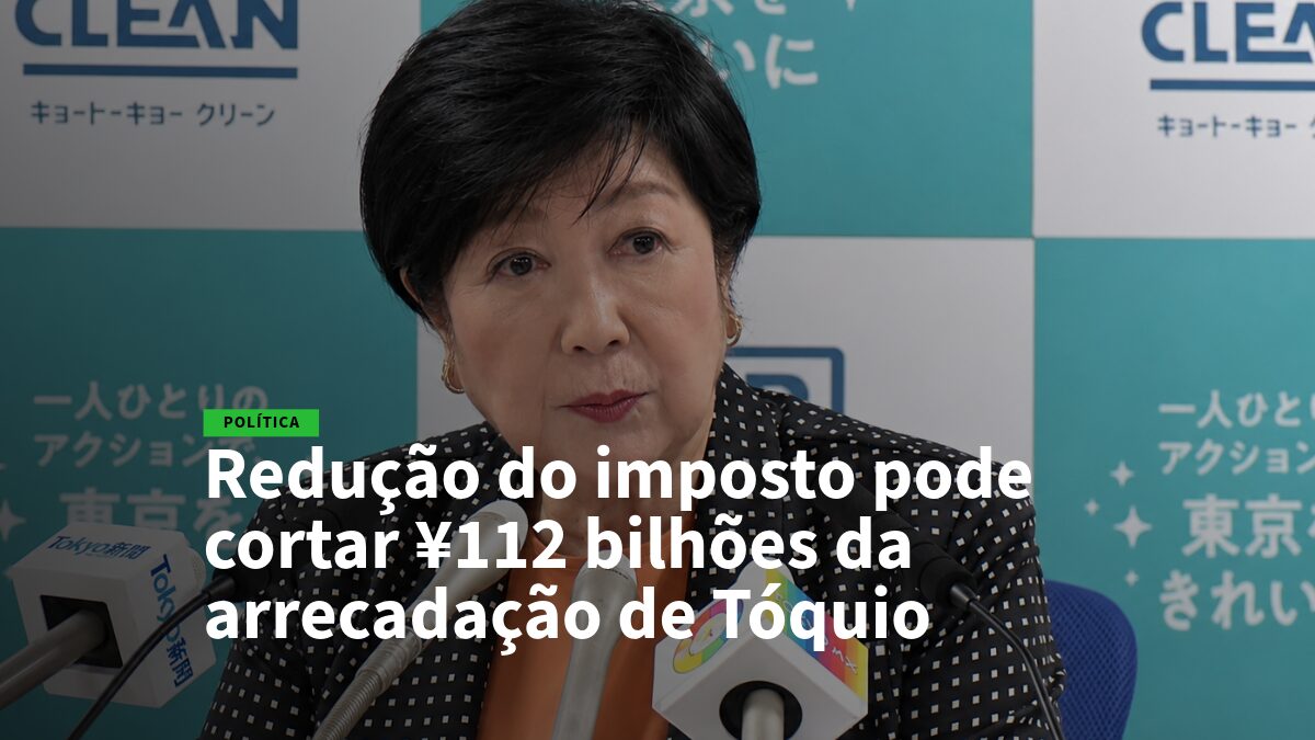 Mulher em coletiva de imprensa, com microfones, discutindo redução de imposto e impacto na arrecadação de Tóquio (política).