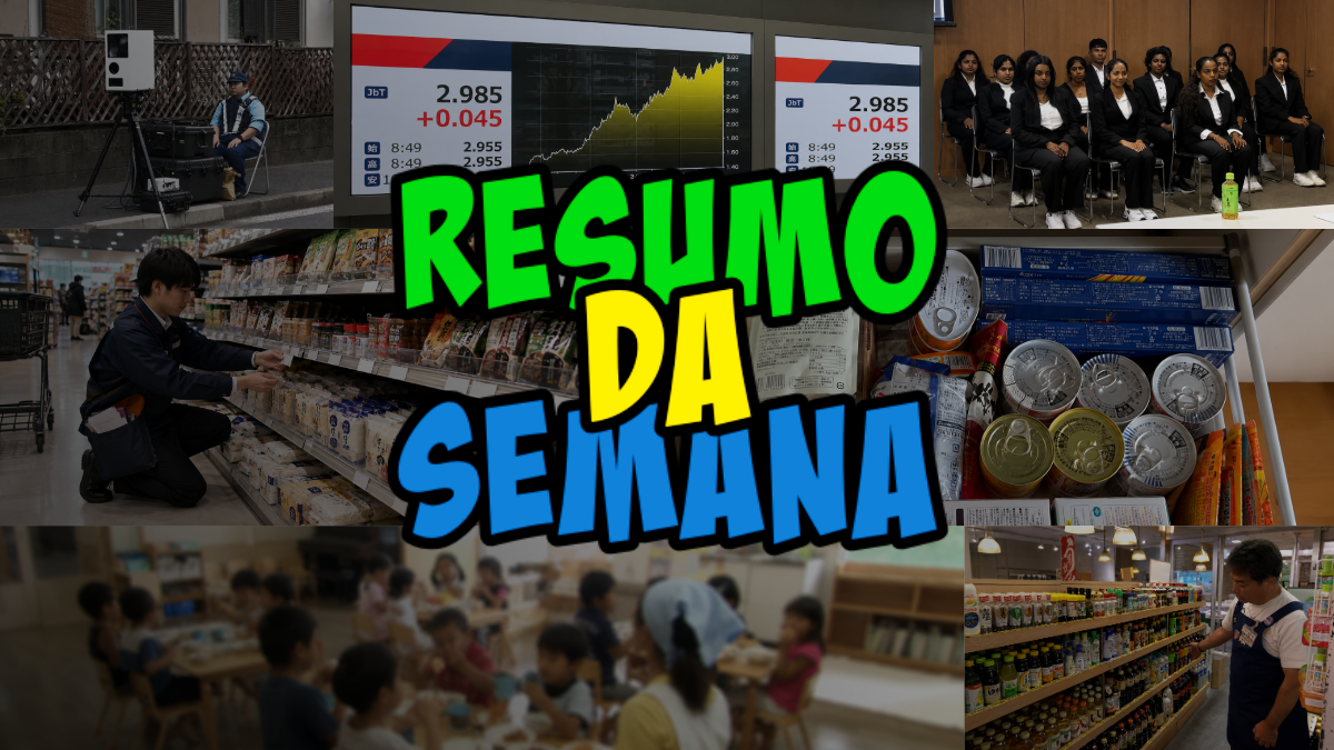 Resumo da semana em um collage: tela com gráfico de ações, grupo de executivos, pessoas em supermercado, crianças em sala de aula, prateleiras de loja e itens de consumo.