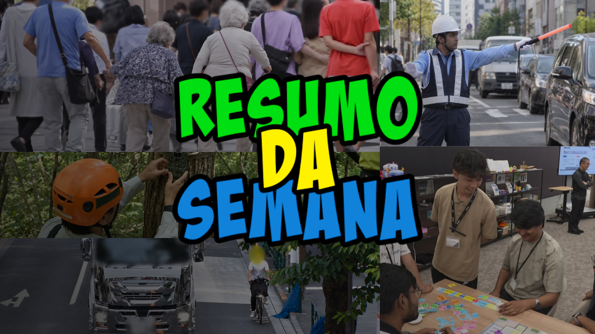 Weekly recap collage titled 'Resumo da Semana' with scenes of crowds, a traffic controller, climber, and office teamwork.