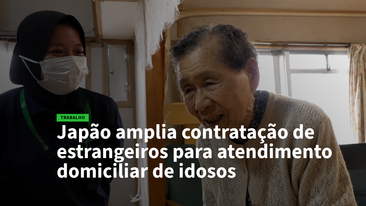 Headline: Japan expands hiring of foreign caregivers for at-home elder care; caregiver in a mask with an elderly woman.