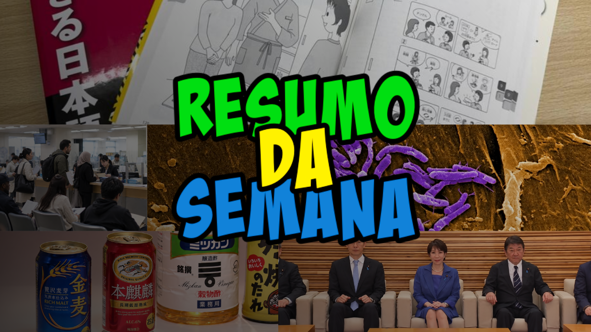 Collage for a weekly summary titled 'Resumo da Semana' showing an office scene, a bacteria image, drink cans, a formal meeting, and a manga page.