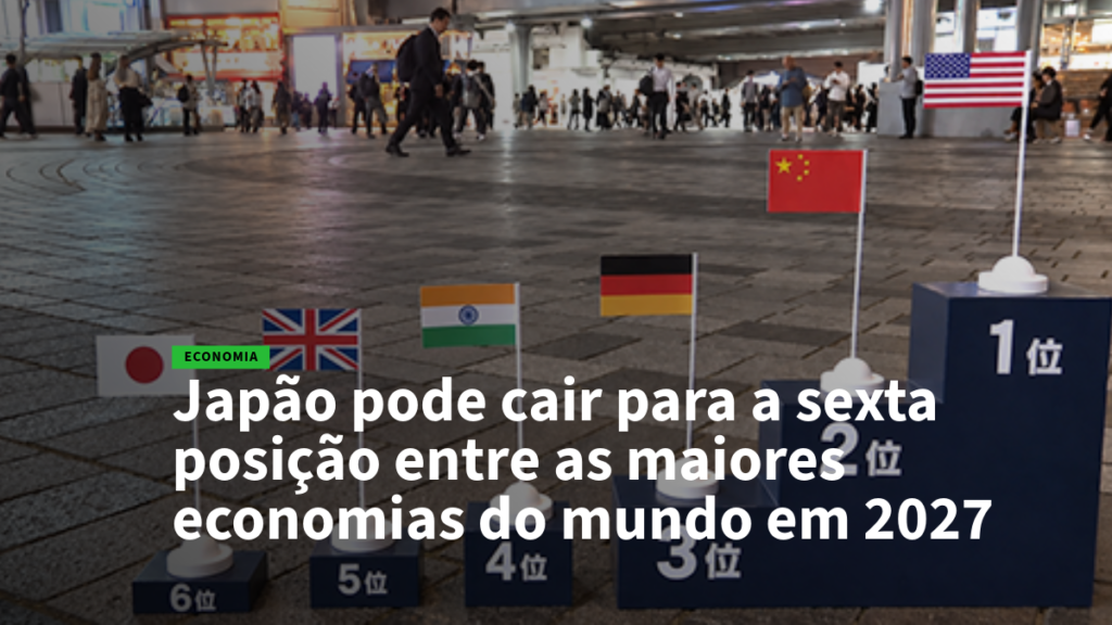World economy ranking display: flags of Japan, UK, India, Germany, China and USA on podiums in a plaza, overlaid Portuguese headline about Japan slipping to 6th in 2027.
