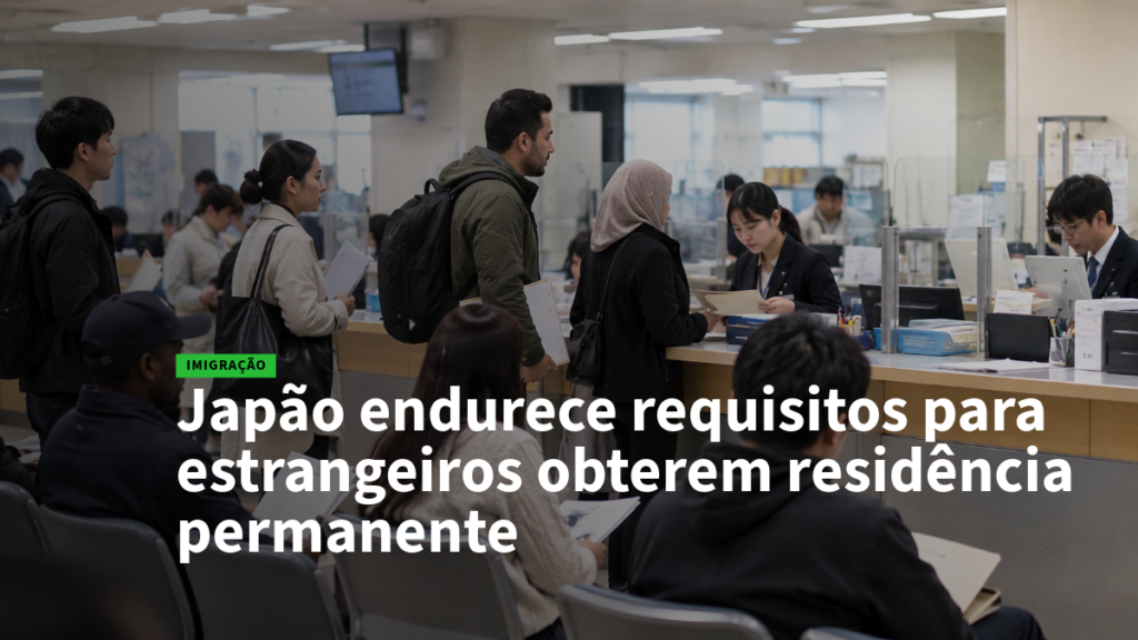 People wait in line at a government immigration desk as staff process documents at counters in a busy office.