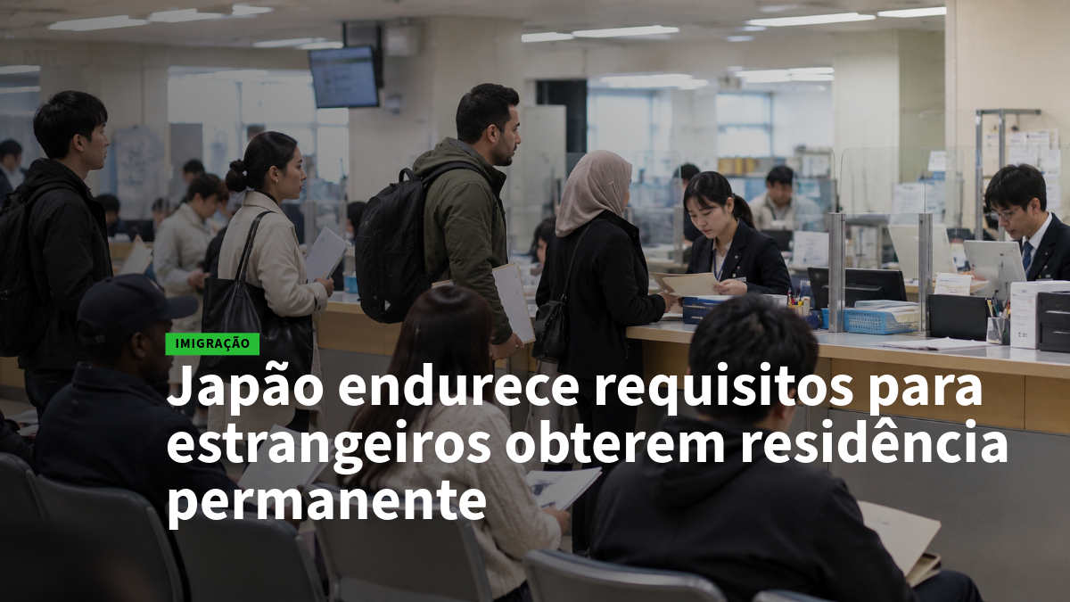 People wait in line at a government immigration desk as staff process documents at counters in a busy office.