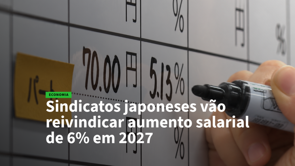 Close-up of a hand with a marker writing on a stock market board filled with numbers and percentages, accompanying a headline about Japanese unions seeking a 6% wage increase in 2027.
